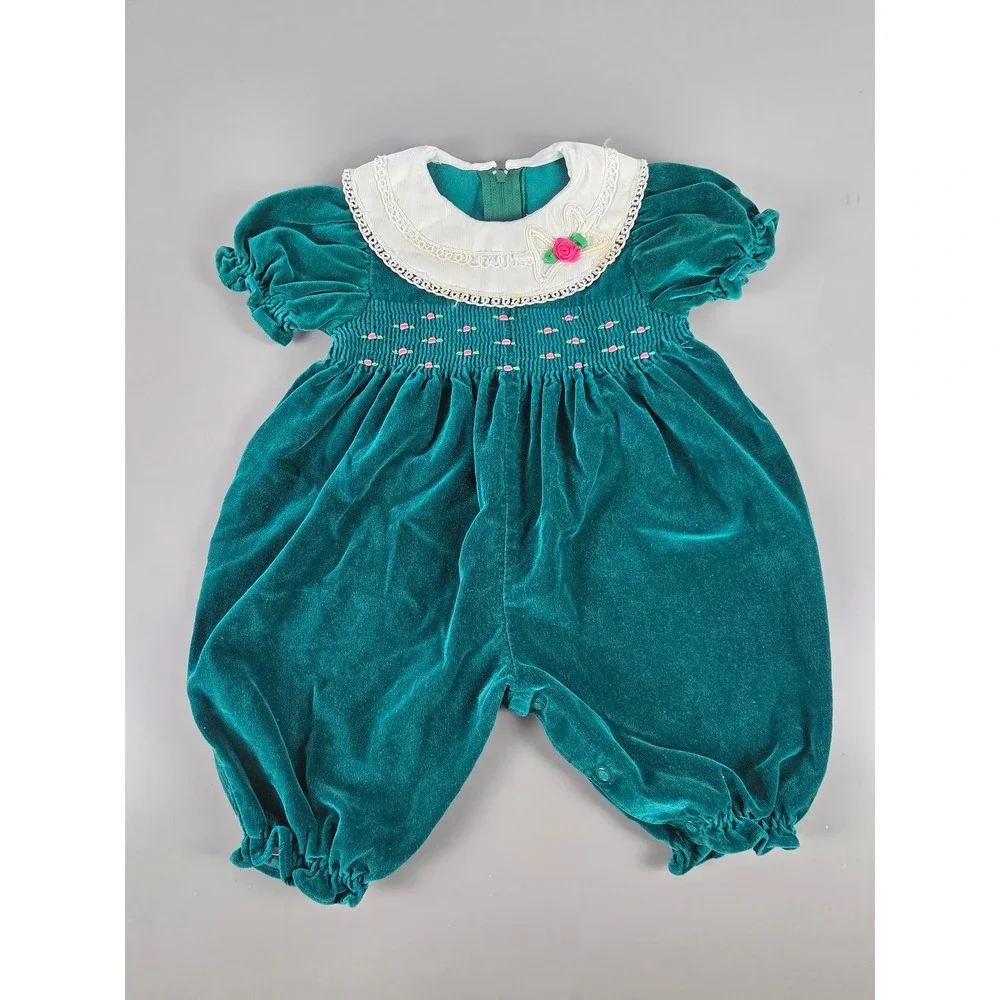 Vintage Green Velvet Baby Bubble Romper Lace Collar Floral Smocking 6 Mos
